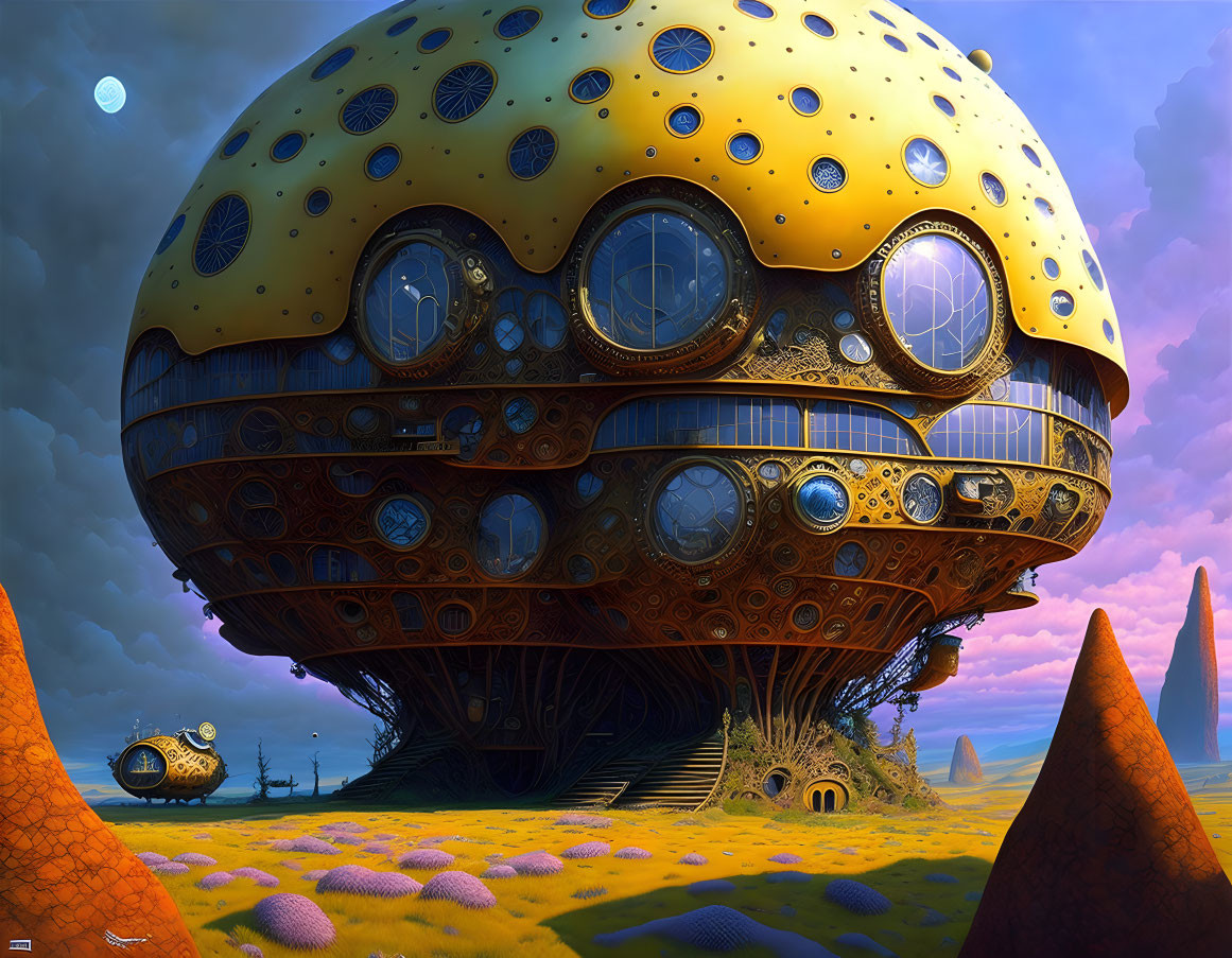 Futuristic yellow spherical structure on slender legs in alien landscape