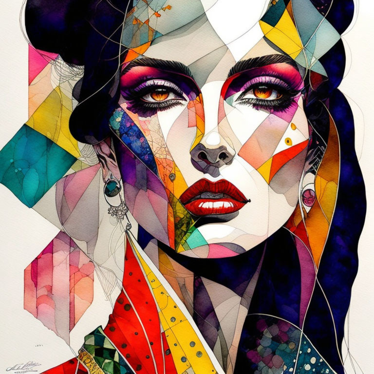 Vibrant geometric watercolor portrait of a woman with bold makeup and earrings