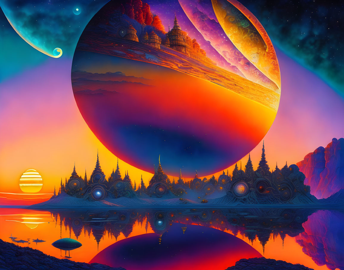 Large planet, alien architecture, crescent moon in vibrant sci-fi landscape