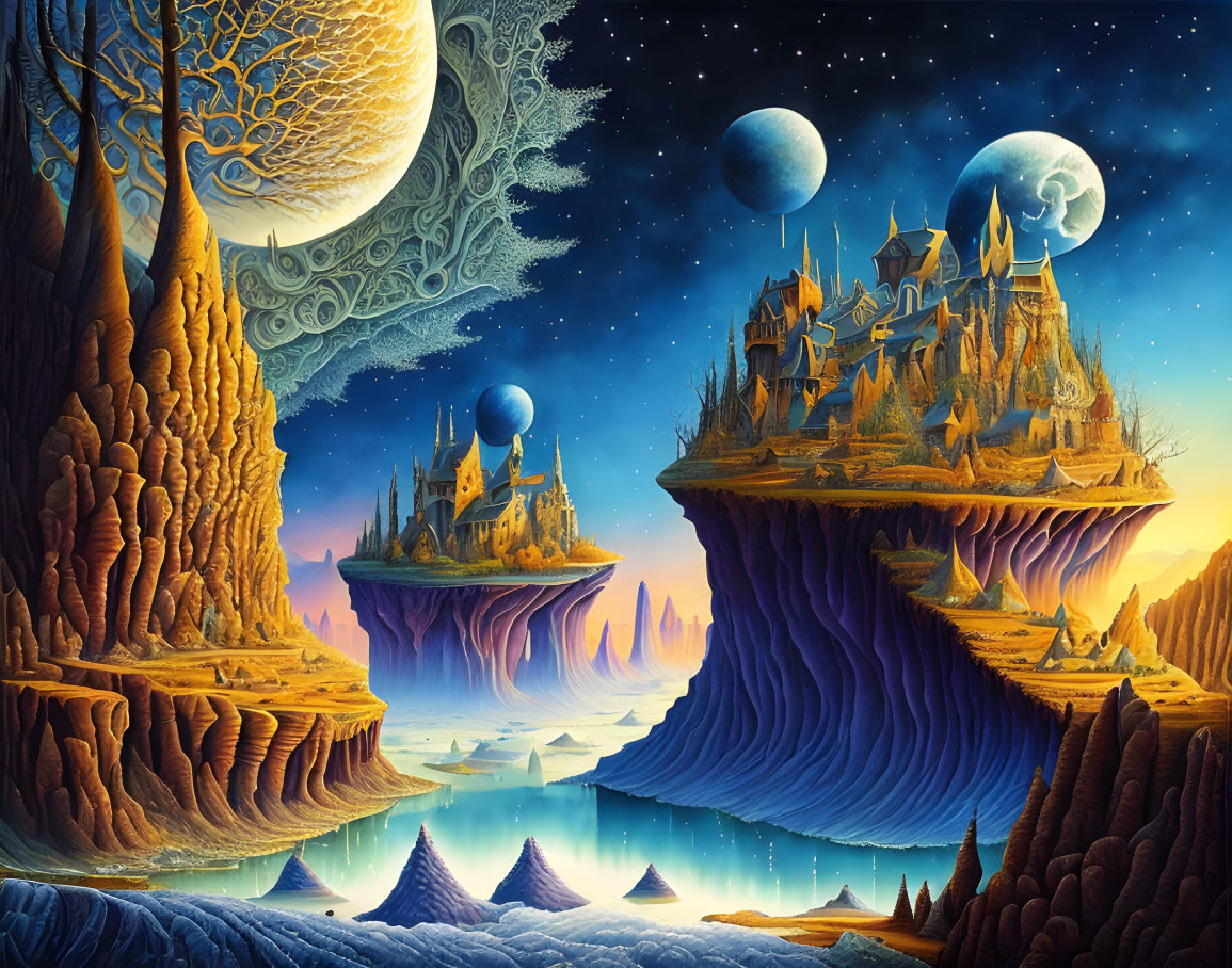 Fantasy landscape with floating islands, castles, and multiple moons