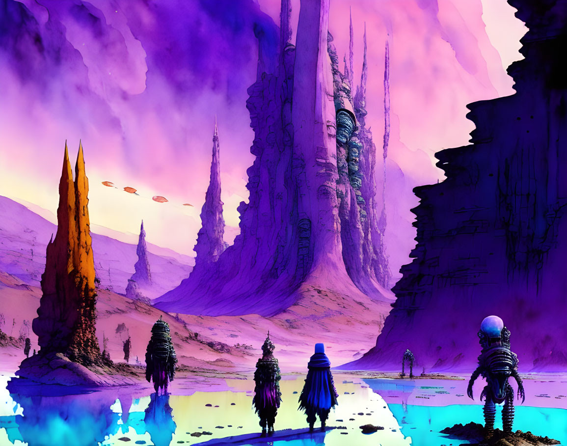 Alien explorers in vibrant sci-fi landscape with towering spires