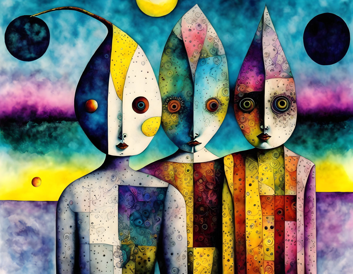 Vibrant Abstract Painting: Whimsical Figures in Cosmic Setting