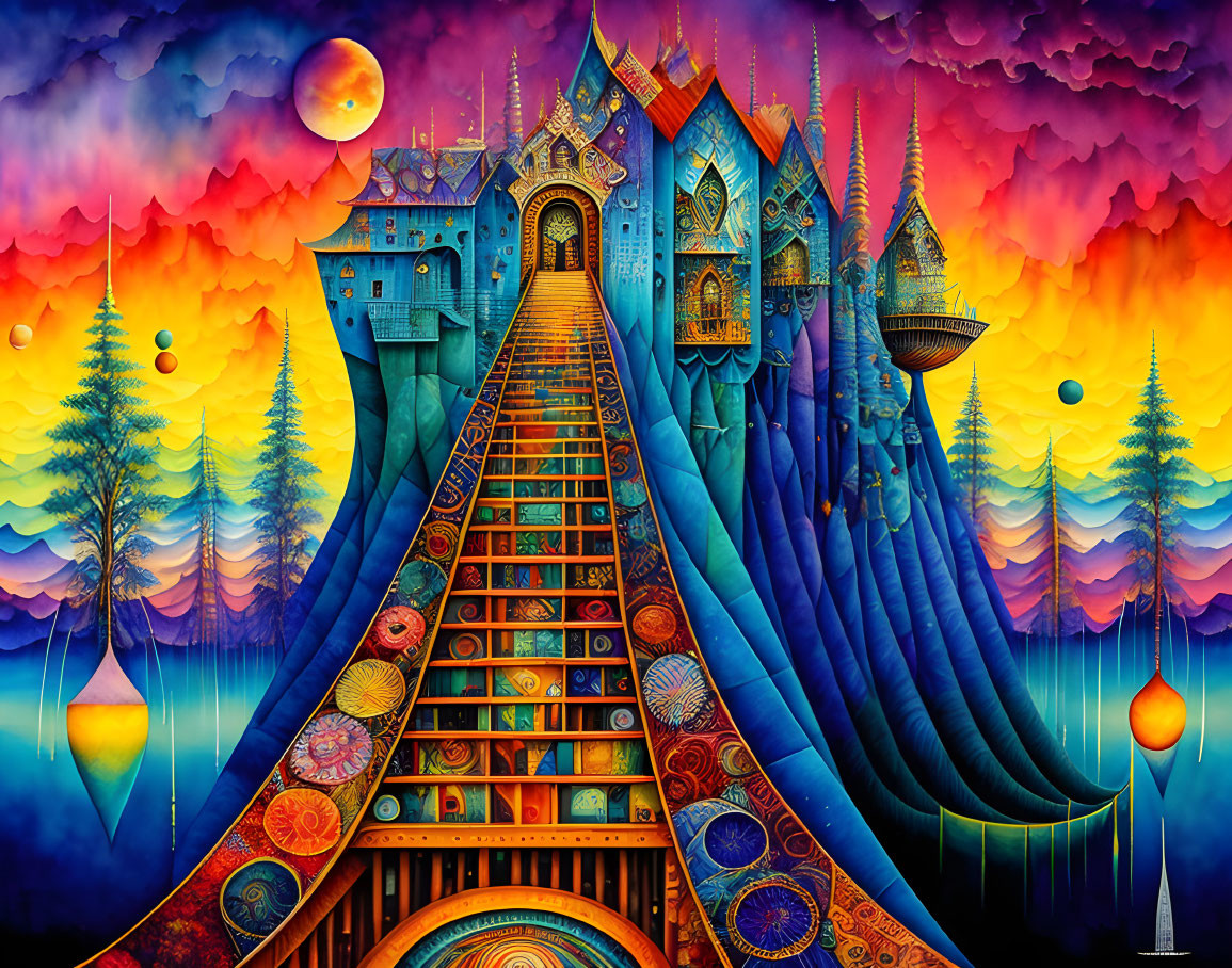 Surreal artwork: Fantastical castle, colorful staircases, floating islands