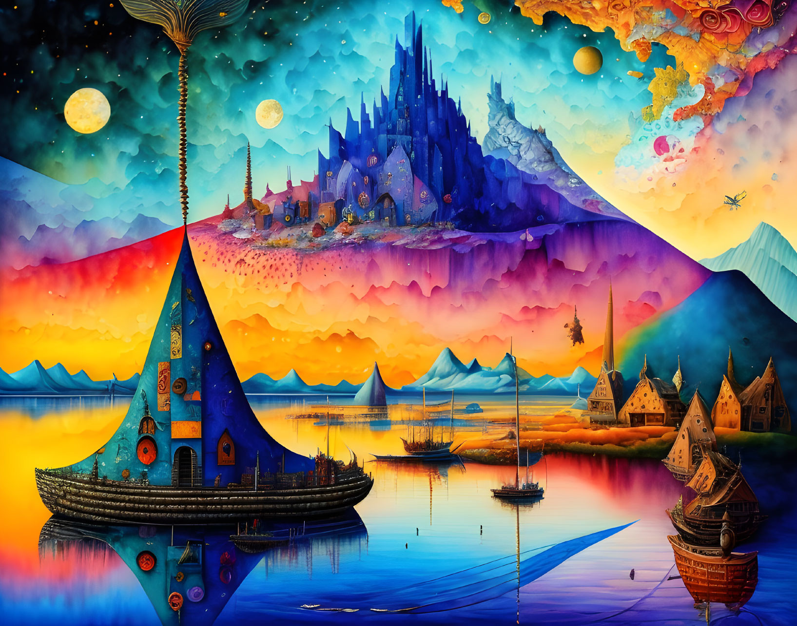 Colorful fantasy landscape with castle, mountains, sky, water, and magical building