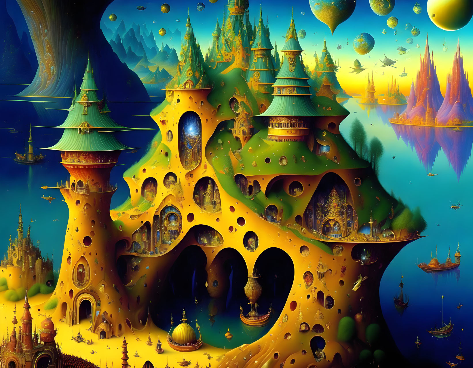 Fantasy landscape with cheese-like castles, floating islands, airships, mountains, starry sky