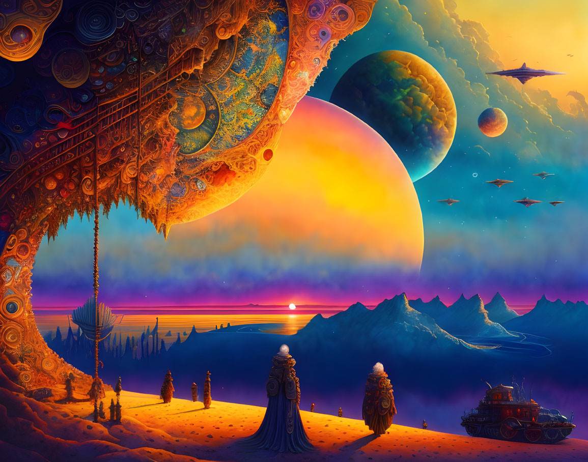 Colorful sci-fi landscape with alien structures, ships, and silhouetted figures.