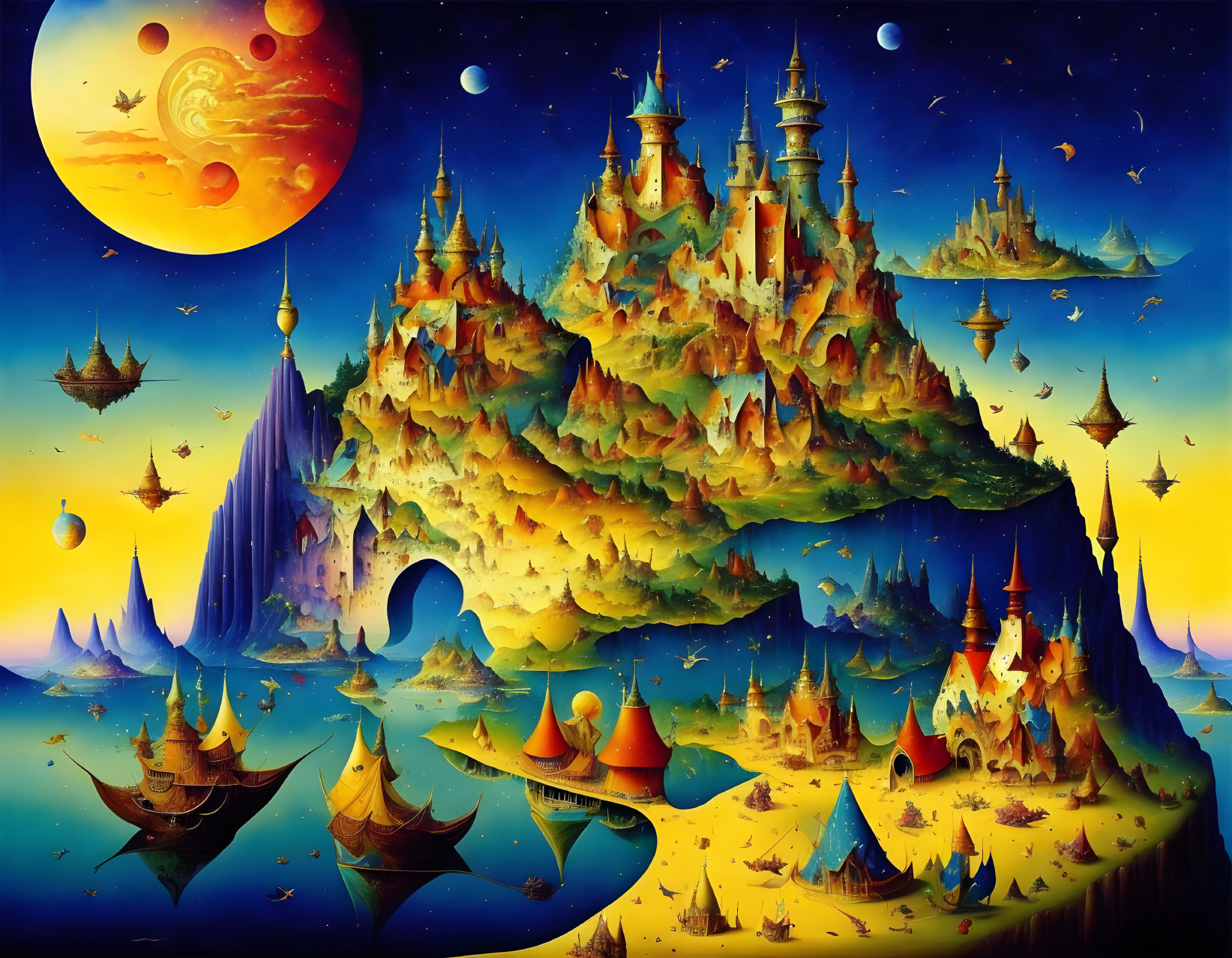 Fantasy landscape with floating islands, giant moon, castles, and airborne ships