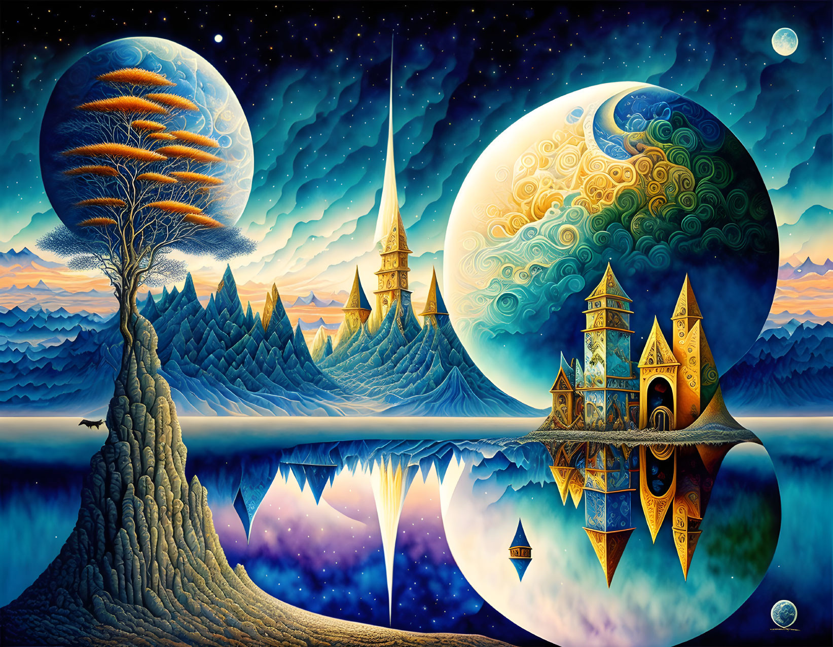 Surreal landscape with tree, cliff, castles, celestial bodies, vibrant colors