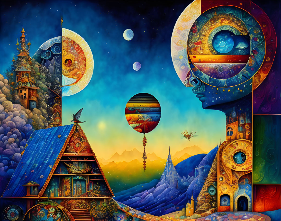 Surreal cosmic landscape with faces, houses, and celestial bodies