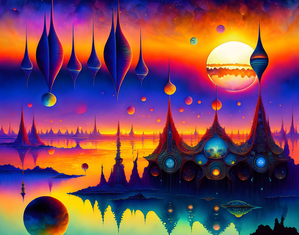 Colorful surreal landscape with floating orbs, spire-topped structures, and dual suns or moons