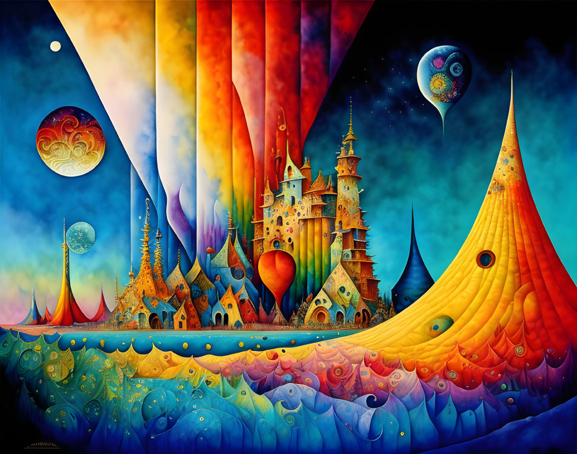 Colorful Castle and Swirling Skies in Fantastical Landscape