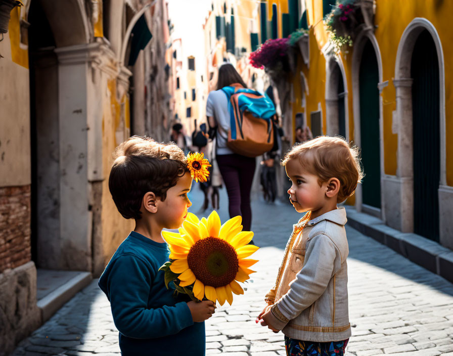 Children holding sunflower on cobblestone street with passerby