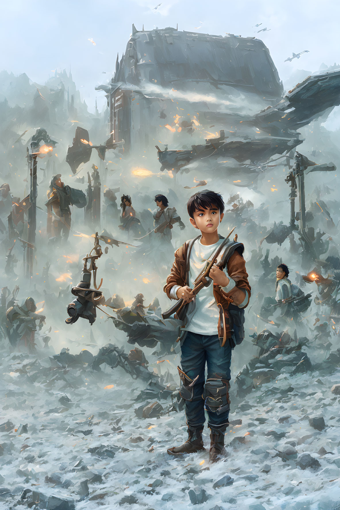 Young boy with sword in snowy battlefield among fallen warriors and wreckage.