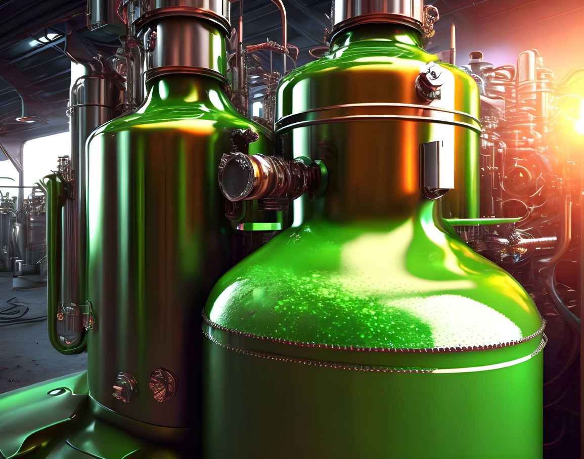 Shiny Green Industrial Tanks in Factory Setting