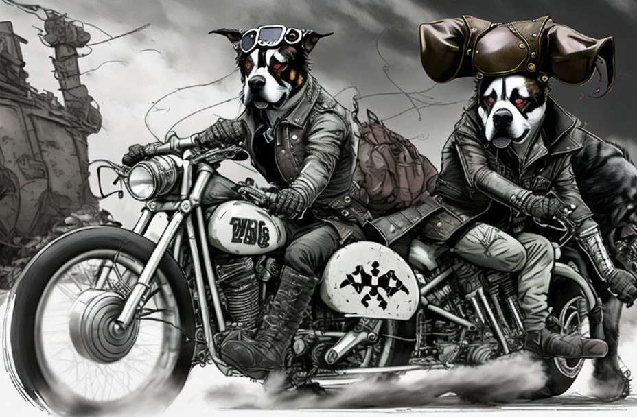 Animated dogs in aviator goggles and leather jackets on a classic motorcycle.