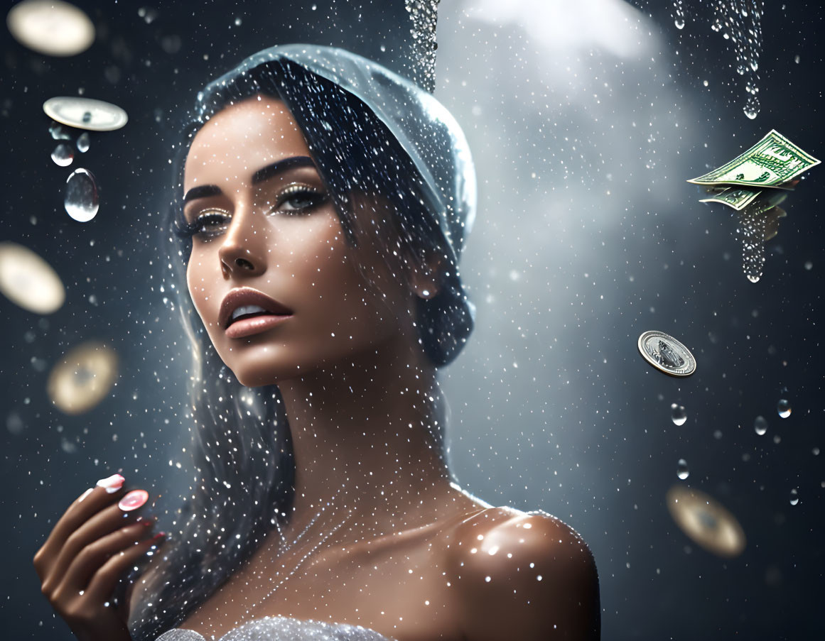 Woman in contemplative pose surrounded by raining money and sparkling water on dark backdrop