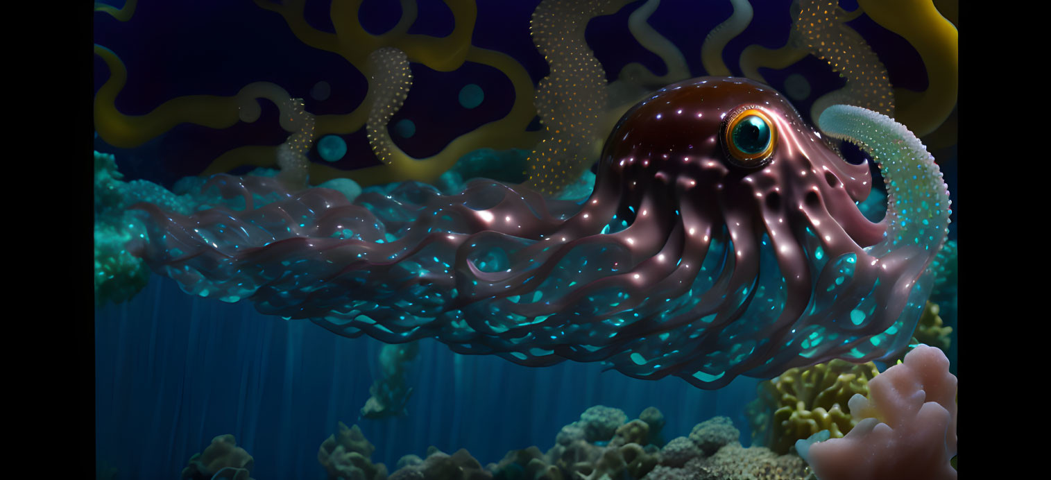 Colorful Cuttlefish Swimming Among Coral Reefs with Glowing Spots