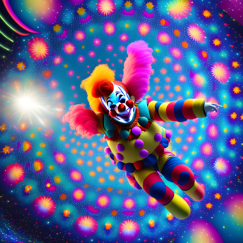 Colorful Clown Floating in Psychedelic Space with Vibrant Patterns