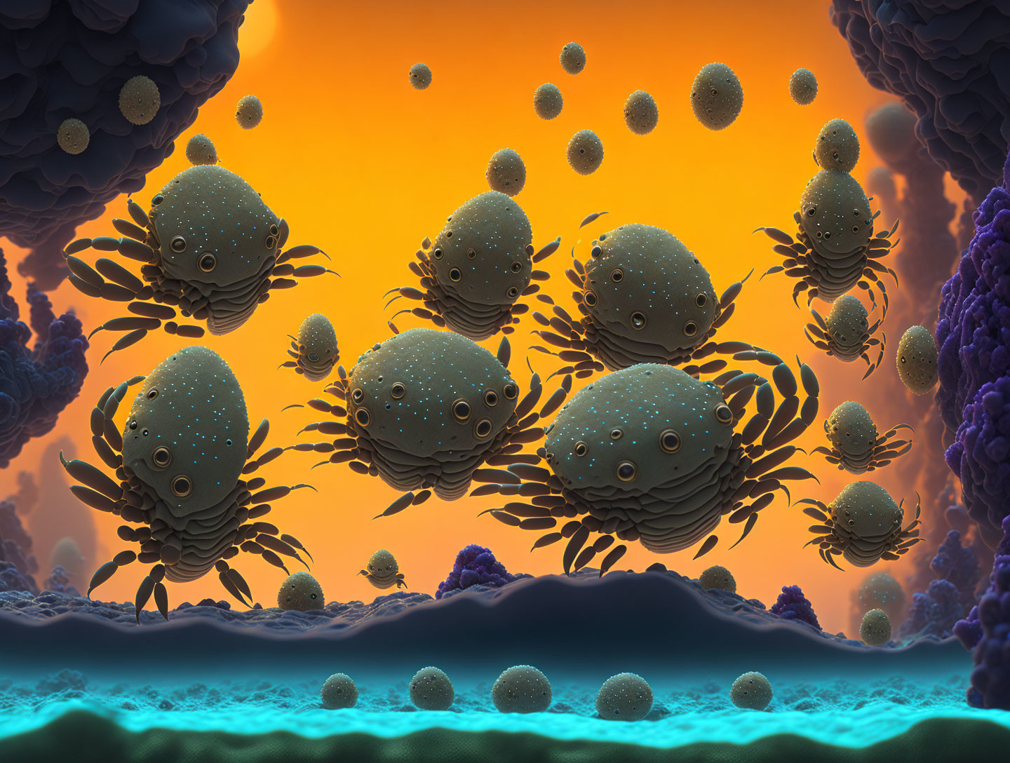 Colorful surreal digital artwork: Crab-like creatures and orbs on orange backdrop