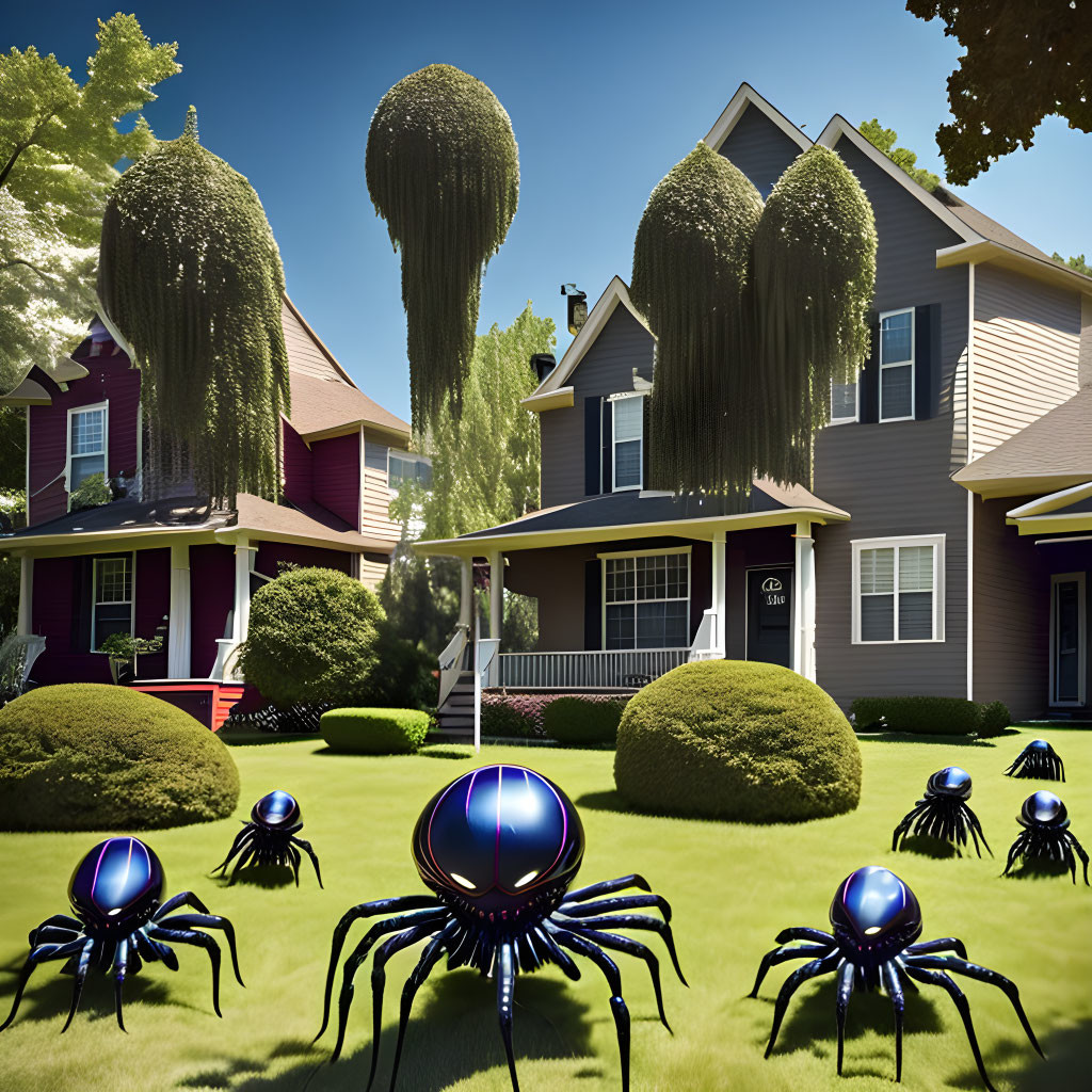 Suburban houses with weeping willow trees and oversized spiders on the lawn