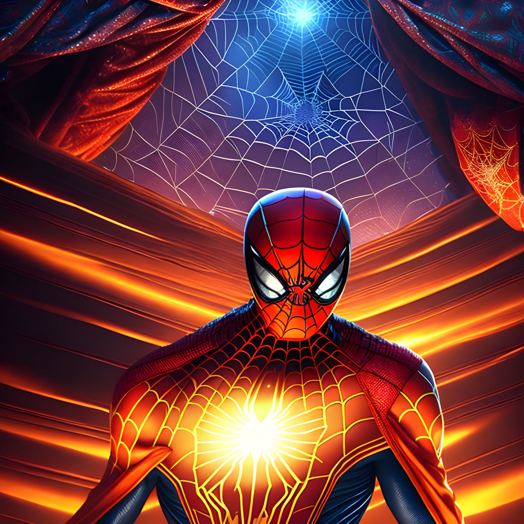 Spider-Man illustration with vibrant web patterns and glowing background.