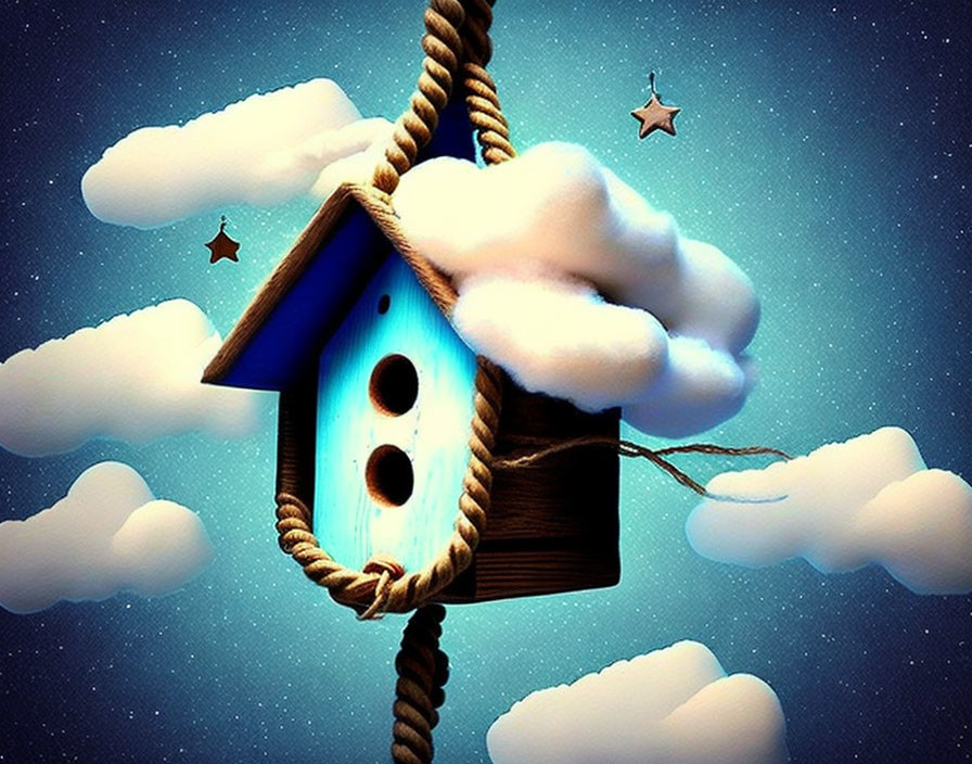 Blue birdhouse with multiple openings suspended in clouds with stars.