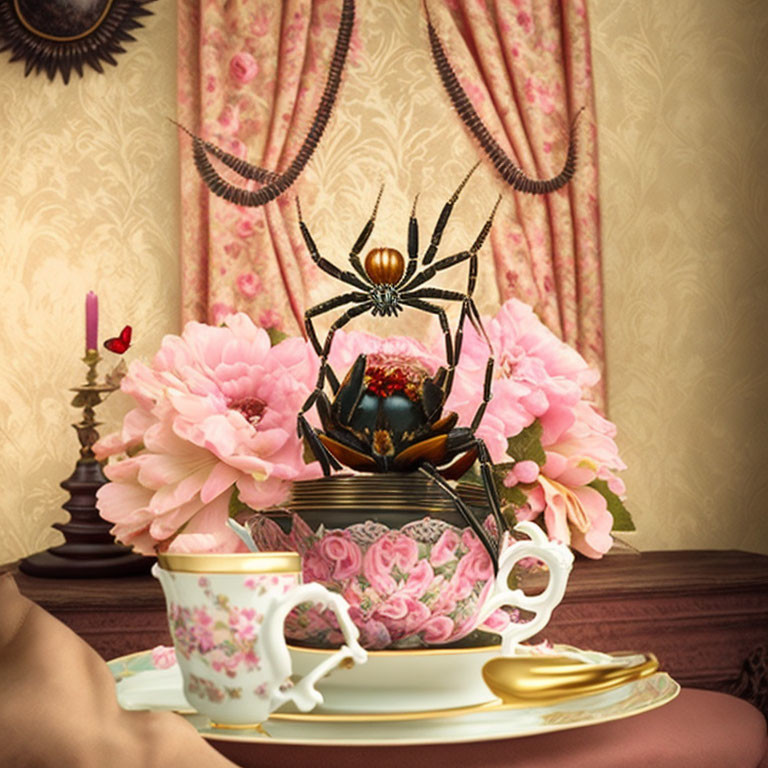 Decorative spider on teapot with pink peonies, vintage teacup, and gold utens