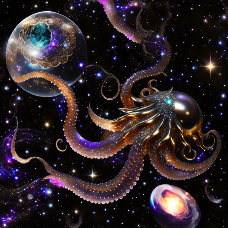 Surreal cosmic octopus with glowing tentacles and celestial pearls in star-studded space