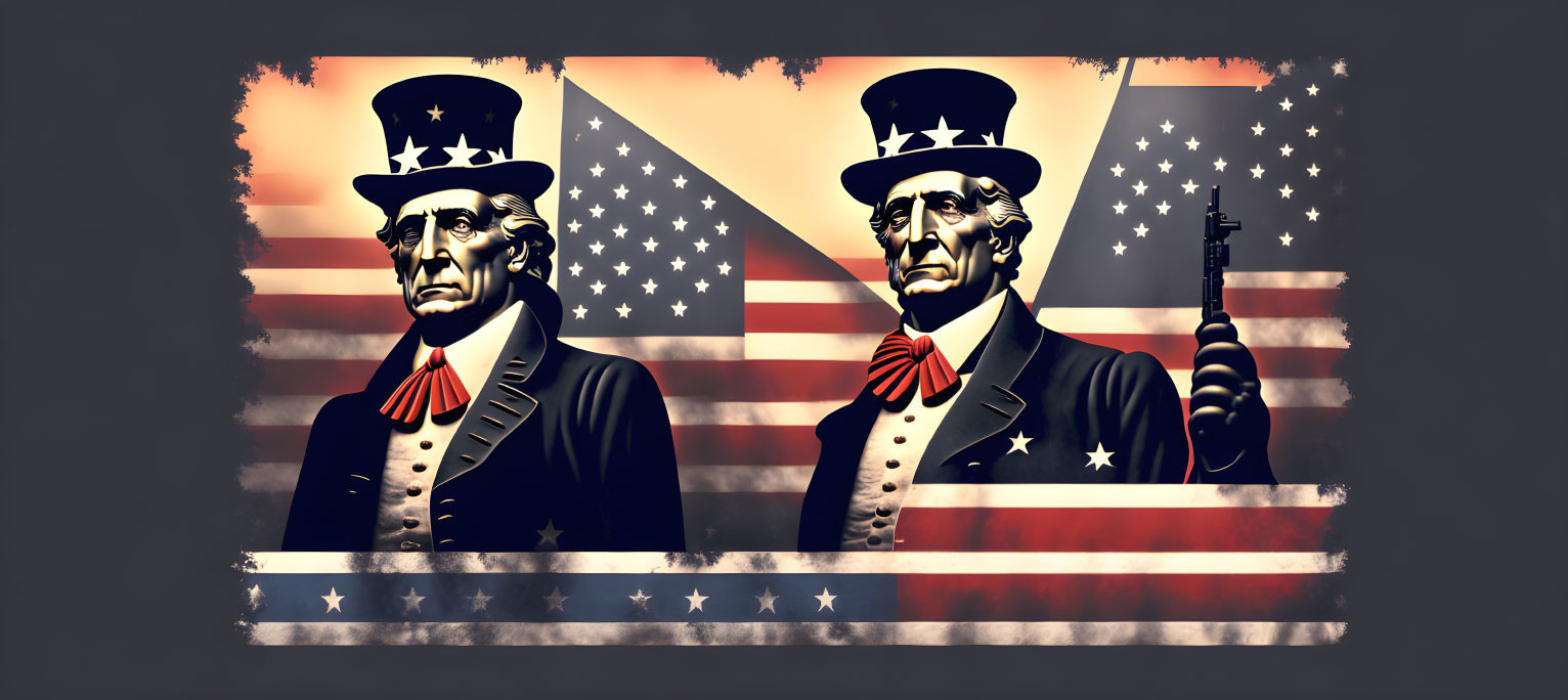 Stylized illustrations of Uncle Sam with American flag, grunge texture, pointing finger, and peace