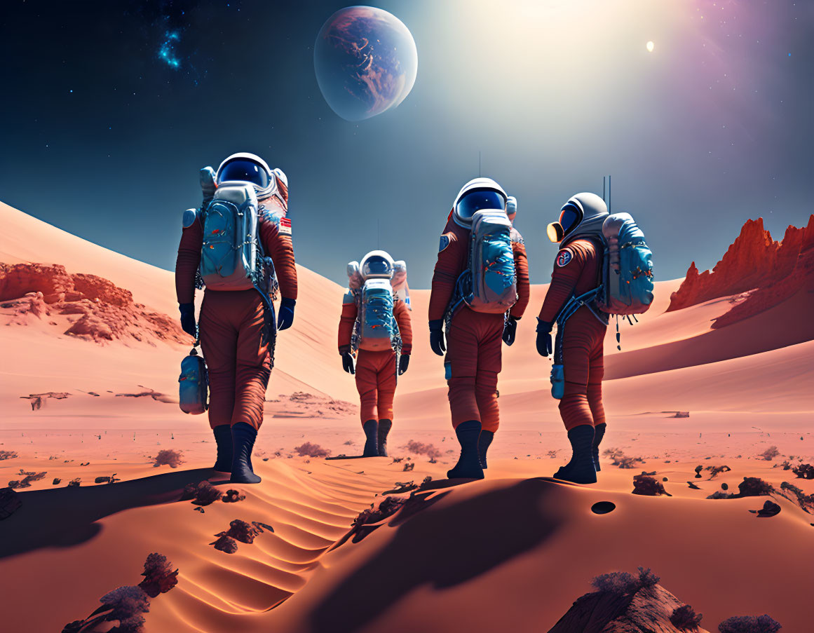 Astronauts in spacesuits on red desert-like alien planet