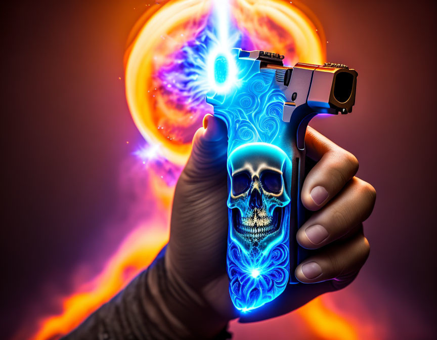 Decorated gun with skull design emitting blue glow in fiery backdrop with energy portal