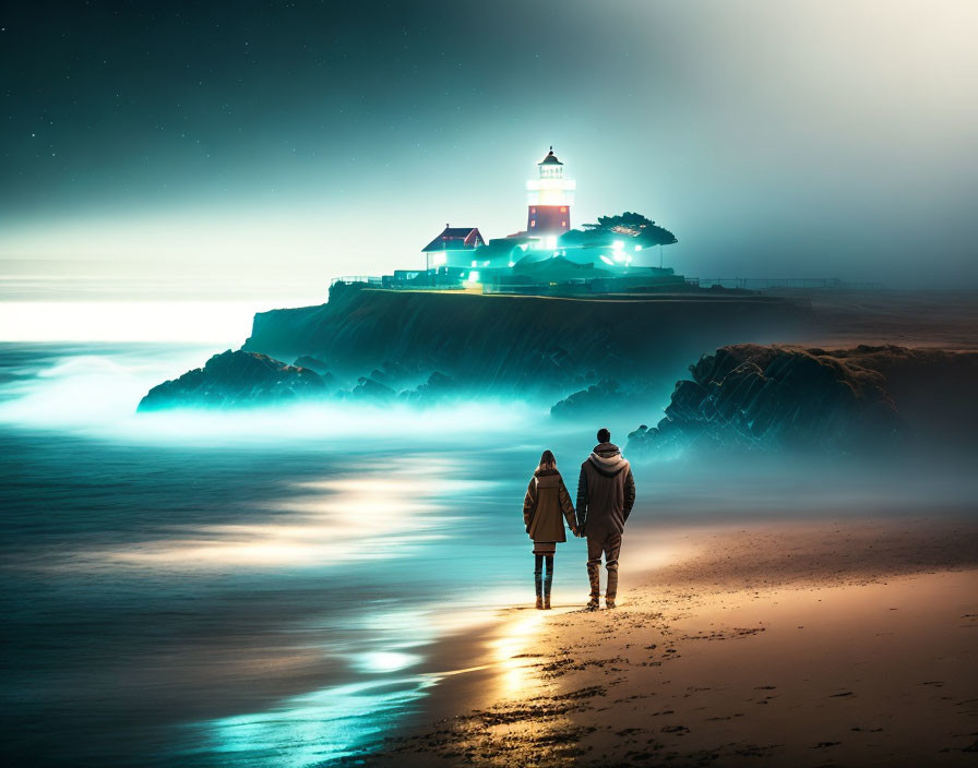 Couple holding hands on beach at night near lit lighthouse under starry sky