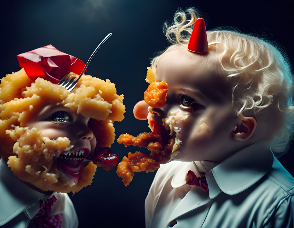 Surreal portrait of toddler with cake head being eaten by another child