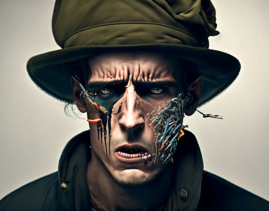 Portrait of person with dramatic makeup and robotic elements, hat, intense expression