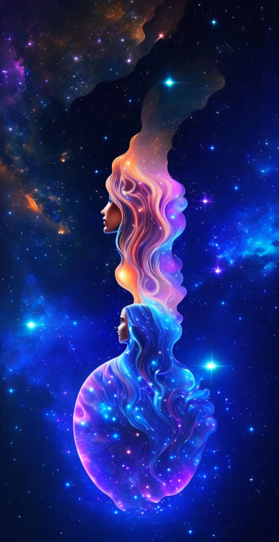 Vibrant cosmic nebula art with silhouetted female figures