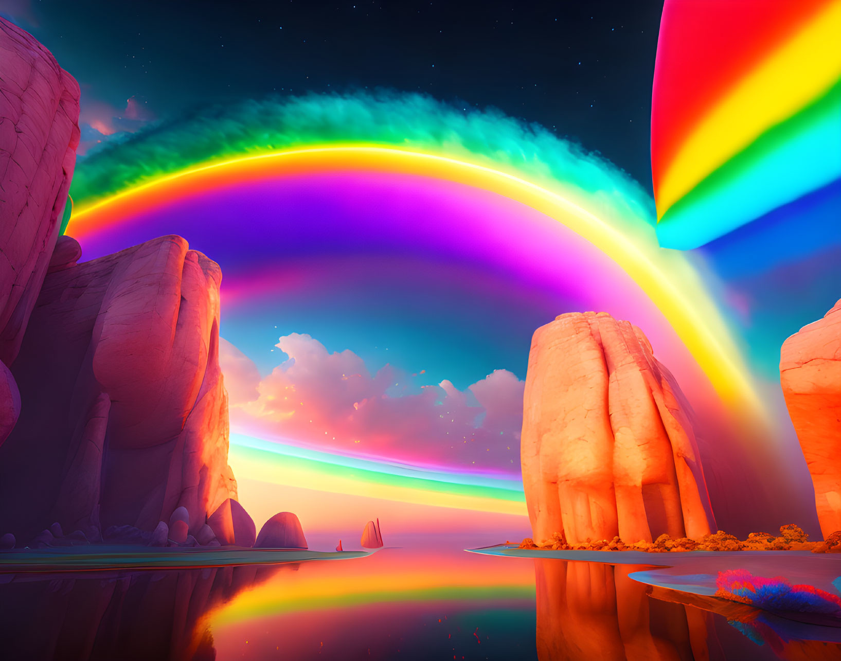 Colorful digital artwork: Rainbow bridge over surreal landscape with reflective water.