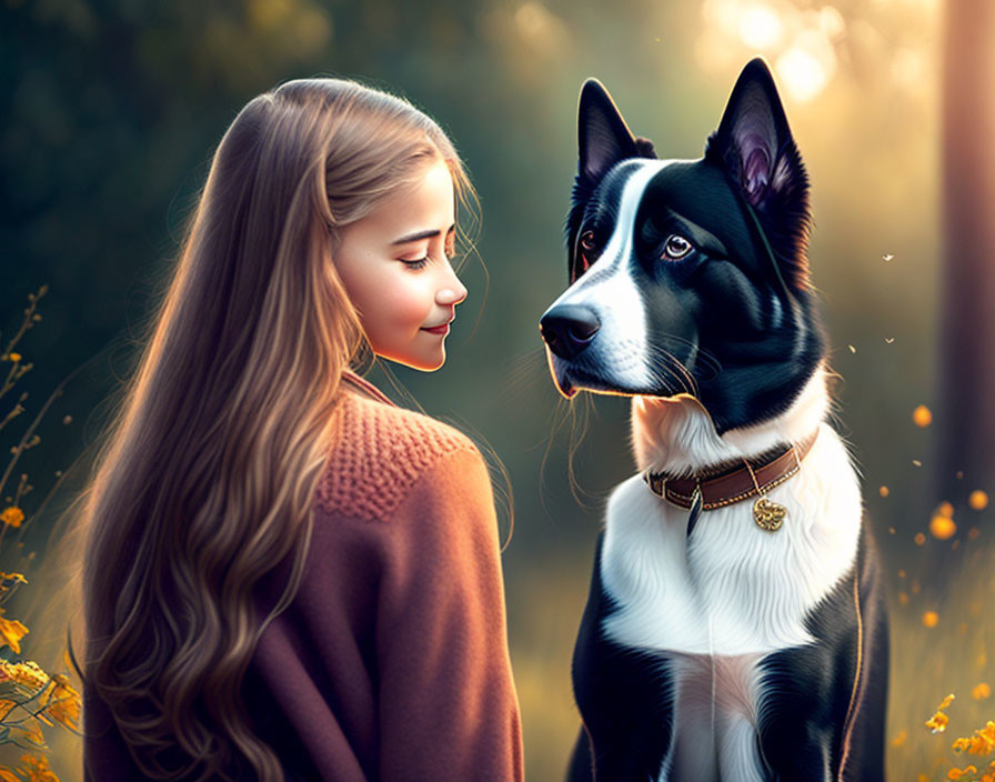 Young girl with long blonde hair and black and white dog in glowing meadow