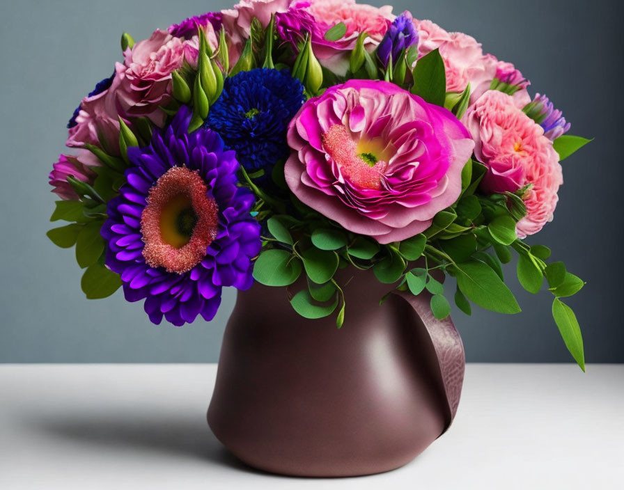 Colorful Flower Bouquet in Brown Vase on Grey Background