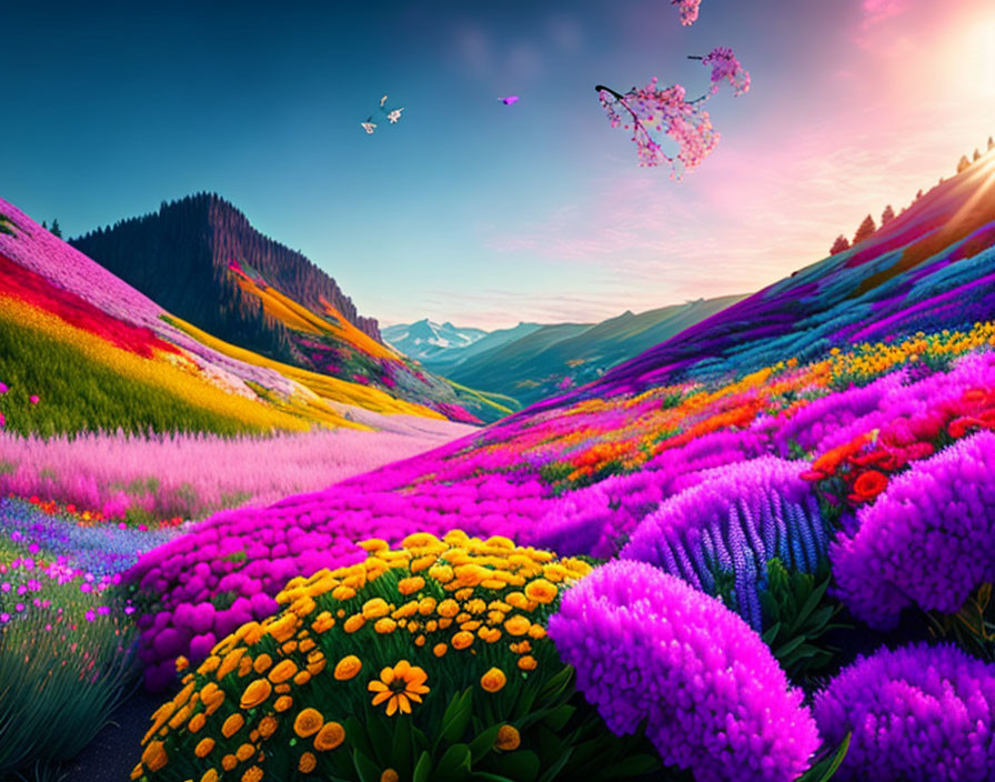 Colorful Landscape with Rolling Hills and Flowers under Blue Sky