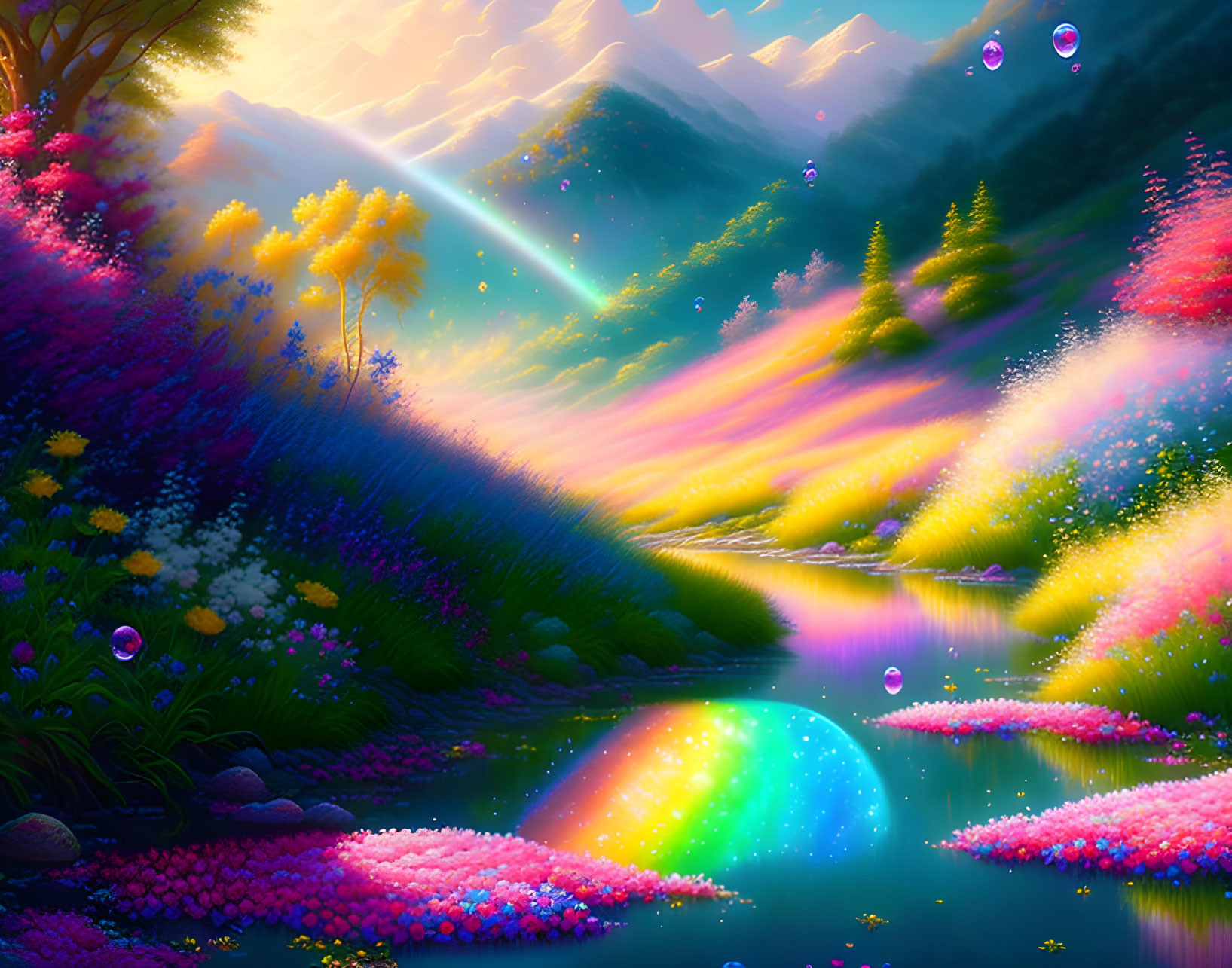 Colorful Fantasy Landscape with Flowers, Pond, Trees, Bubbles, and Comet