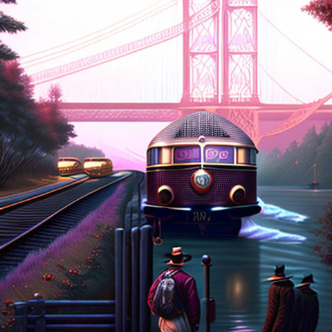 Futuristic train near river with Golden Gate Bridge, vintage figures.