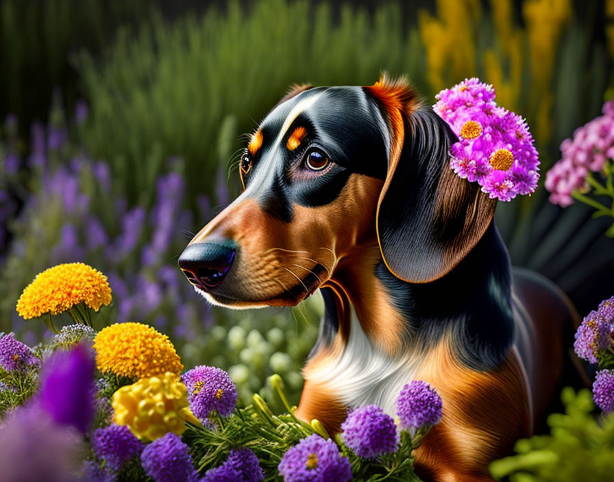 Glossy Dachshund Surrounded by Colorful Flowers
