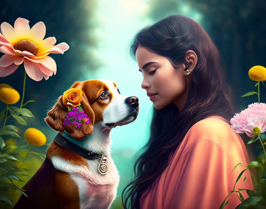 Woman and beagle with flowers in a serene floral setting under soft light