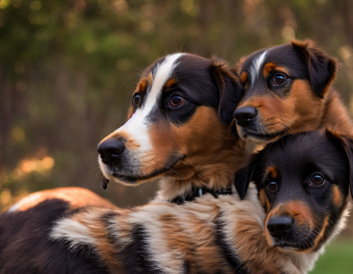 Three Glossy Tricolored Dogs Posing Outdoors