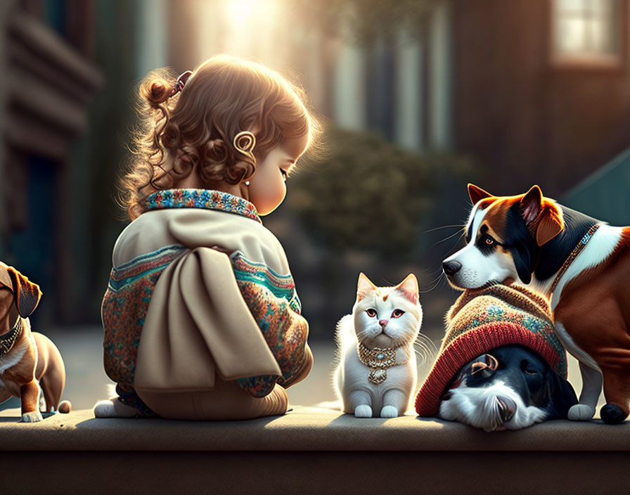 Young Child with Three Dogs and Cat Outdoors in Sunlit Environment