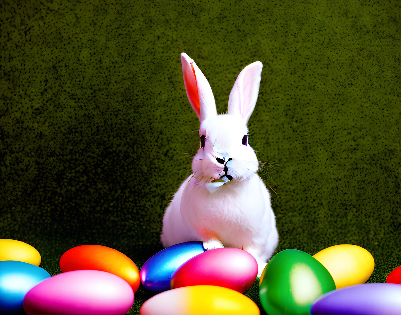 White Rabbit Among Colorful Easter Eggs on Green Background