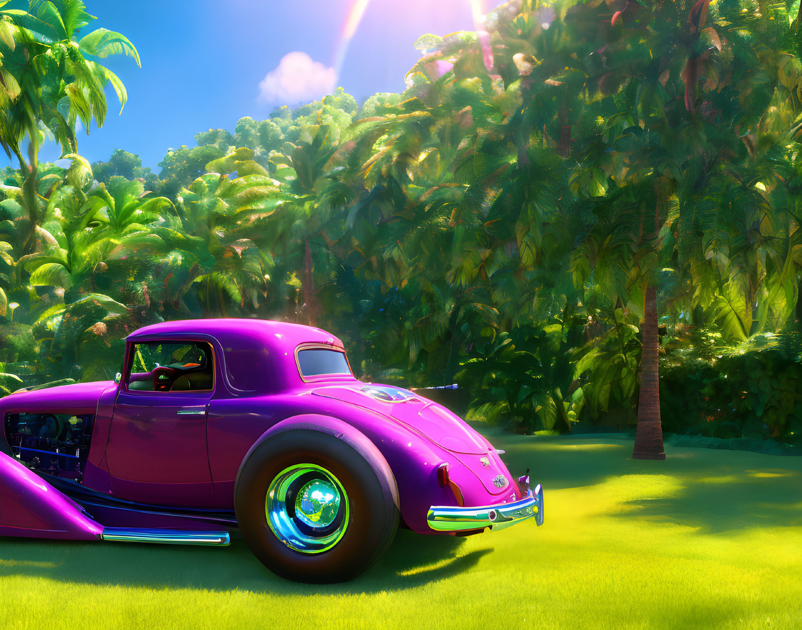 Shiny Purple Vintage Car with Glowing Wheels in Tropical Forest