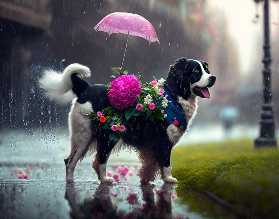 Colorful Flower Arrangement on Dog's Back Standing Under Pink Umbrella in Rain