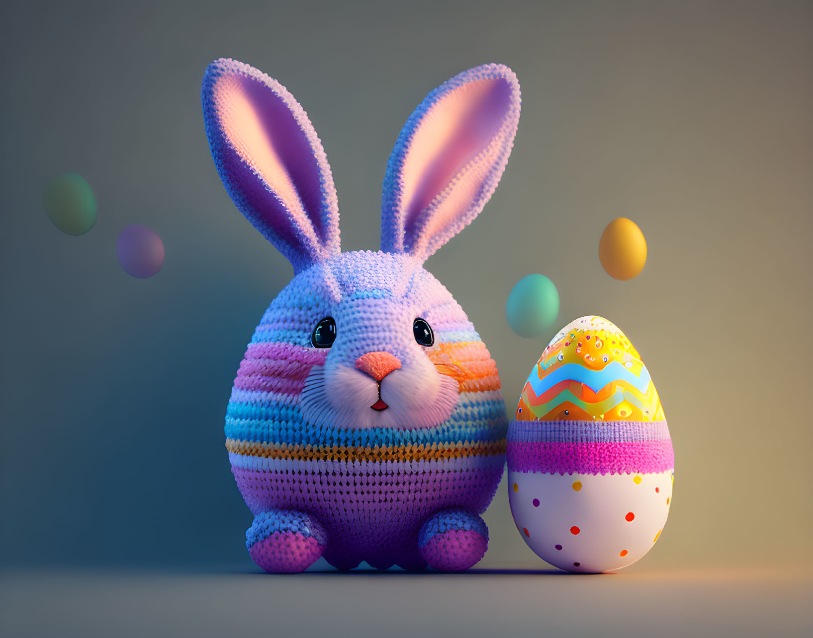 Colorful knitted bunny with Easter egg on neutral background with pastel orbs.