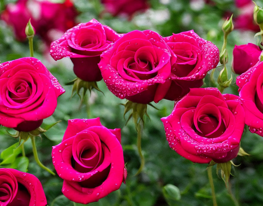 Pink Roses with Dewdrops on Petals Against Green Foliage